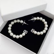 Balenciaga B Pearls Loop Earrings In Silver